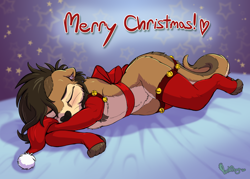 Size: 4200x3000 | Tagged: safe, artist:punkpega, oc, oc:ozzy, mammal, mustelid, otter, anthro, arm warmers, blushing, brown body, brown fur, christmas, clothes, featureless crotch, femboy, front view, fur, hat, high res, holiday, legwear, male, ribbon, santa hat, sleeping, solo, solo male, stars, stockings, text, three-quarter view