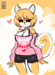 Size: 2536x3452 | Tagged: safe, artist:thehaloworkshop, oc, oc only, oc:butterscotch the shiba inu, canine, dog, mammal, shiba inu, anthro, blush sticker, blushing, bottomwear, breasts, chest fluff, cleavage, clothes, curled tail, ear fluff, eyelashes, female, fluff, fur, hair, heart, high res, horny jail, looking at you, love heart, short hair, shorts, shoulder fluff, smiling, smiling at you, solo, solo female, tail, white body, white fur, yellow body, yellow fur, yellow hair