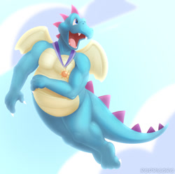Size: 850x843 | Tagged: safe, artist:gobanire, ord (dragon tales), dragon, fictional species, western dragon, semi-anthro, dragon tales, pbs, blue body, blue scales, cute, day, front view, male, scales, sky, solo, solo male, three-quarter view, young