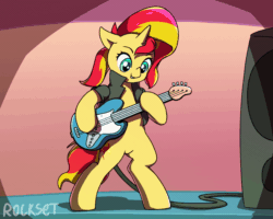 Size: 750x600 | Tagged: safe, artist:rockset, sunset shimmer (mlp), equine, fictional species, mammal, pony, unicorn, semi-anthro, friendship is magic, hasbro, my little pony, 2d, 2d animation, animated, bipedal, cute, eye through hair, female, frame by frame, front view, fur, gif, guitar, hair, multicolored hair, multicolored mane, multicolored tail, musical instrument, solo, solo female, tail, three-quarter view, two toned hair, two toned tail, ungulate, yellow body, yellow fur