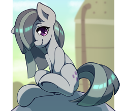 Size: 686x600 | Tagged: safe, artist:rockset, marble pie (mlp), earth pony, equine, fictional species, mammal, pony, feral, friendship is magic, hasbro, my little pony, 2d, cute, female, front view, fur, gray body, gray fur, looking at you, purple eyes, smiling, smiling at you, solo, solo female, three-quarter view, ungulate