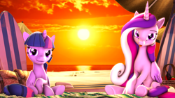 Size: 3840x2160 | Tagged: safe, artist:apexpredator923, princess cadence (mlp), twilight sparkle (mlp), alicorn, equine, fictional species, mammal, pony, feral, friendship is magic, hasbro, my little pony, 16:9, 2019, 3d, beach, blep, duo, duo female, feathered wings, feathers, female, females only, folded wings, happy, high res, horn, looking at you, mare, picnic, sand, sitting, source filmmaker, summer, sun, sunset, tail, tongue, tongue out, wallpaper, wings