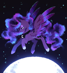Size: 1024x1110 | Tagged: safe, artist:polkadot-creeper, princess luna (mlp), alicorn, equine, fictional species, mammal, pony, feral, friendship is magic, hasbro, my little pony, 2020, crown, ethereal mane, feathered wings, feathers, female, flying, hoof shoes, jewelry, mare, moon, peytral, regalia, sad, solo, solo female, tail, wings