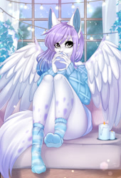 Size: 868x1280 | Tagged: safe, artist:yonachka_doki, wolf, anthro, 2020, 2d, blue hair, candle, clothes, digital art, drink, drinking, eye through hair, featured image, female, freckles, fur, gray eyes, hair, hot chocolate, indoors, multicolored hair, plant, purple hair, snow, socks, solo, solo female, sweater, topwear, white body, white fur, winged wolf, wings