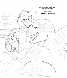 Size: 949x1097 | Tagged: suggestive, artist:underscore_b, part of a set, oc, oc:underscore_b, bear, bird, cetacean, mammal, orca, penguin, anthro, 2020, anthro/anthro, beak, bedroom eyes, bottle, bubble bath, butt, comic, digital art, drunk, duo, female, fins, fluff, grayscale, hand hold, head fluff, holding, infidelity, interspecies, licking, licking body, male, male/female, monochrome, partially submerged, talking, tongue, tongue out