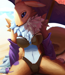 Size: 3500x4000 | Tagged: safe, artist:lennoxicon, fictional species, renamon, anthro, digimon, arm warmers, beach, beach umbrella, belly button, bikini, black sclera, blue eyes, breasts, clothes, colored sclera, female, fluff, fur, looking at you, neck fluff, shadow, sitting, solo, solo female, swimsuit, umbrella, white body, white fur, yellow body, yellow fur