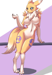 Size: 1800x2560 | Tagged: suggestive, artist:ssalyun, fictional species, renamon, anthro, digitigrade anthro, digimon, 2020, abstract background, barbie doll anatomy, belly button, black nose, black sclera, blue eyes, breasts, cheek fluff, claws, colored sclera, complete nudity, digital art, eyelashes, featureless breasts, featureless crotch, female, fluff, front view, fur, looking at you, multicolored fur, neck fluff, nudity, paws, smiling, smiling at you, solo, solo female, tail, tail fluff, two toned body, two toned fur, white body, white fur, wide hips, yellow body, yellow fur
