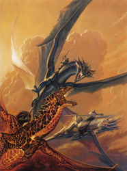 Size: 2609x3500 | Tagged: safe, artist:todd lockwood, dragon, fictional species, reptile, scaled dragon, western dragon, feral, humanoid, dragonlance, 2001, 2d, ambiguous gender, black scales, brown scales, cloud, fighting, fire, fire breathing, flying, four wings, gray scales, group, hand hold, high res, holding, horns, lava, orange body, riding, riding on back, scales, sharp teeth, signature, silver scales, spread wings, tail, teeth, traditional art, weapon, webbed wings, wings