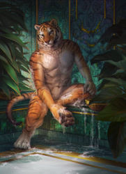 Size: 1077x1490 | Tagged: safe, artist:k_u_r_o_i, big cat, feline, mammal, tiger, anthro, digitigrade anthro, 2020, abs, belly button, brown body, brown fur, bubbles, casual nudity, cheek fluff, complete nudity, cream body, cream fur, digital art, digital painting, fluff, fur, hand on foot, hand on leg, leaf, male, muscles, nudity, orange body, orange fur, paw pads, paws, plant, realistic, sitting, solo, solo male, striped fur, underpaw, washing, water, wet
