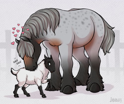 Size: 1280x1077 | Tagged: safe, artist:jenery, bovid, caprine, draft horse, equine, horse, mammal, sheep, feral, 2020, 2d, ambiguous gender, black body, cloven hooves, cute, digital art, duo, eyelashes, female, fur, gray body, gray fur, gray hair, hair, hair over eyes, heart, hooves, looking back, mane, open mouth, signature, size difference, sniffing, tail, unshorn fetlocks, white body, white fur