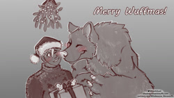 Size: 1227x690 | Tagged: safe, artist:naoma hiru, canine, fictional species, human, mammal, werewolf, anthro, series:wholesome werewuffs, 2020, ambiguous gender, arm fluff, big hands, big paws, blushing, chest fluff, christmas, claws, clothes, digital art, duo, english text, fluff, fur, gradient background, hat, holiday, limited palette, mistletoe, neck fluff, paws, presenting, santa hat, size difference, sweater, topwear