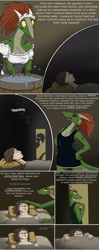 Size: 900x2283 | Tagged: suggestive, artist:valsalia, lifts-her-tail (the elder scrolls), oc, oc:orgnar, argonian, fictional species, human, mammal, reptile, anthro, comic:lusty argonian maid'd, the elder scrolls, barrel, breasts, cleavage, clothes, dragonborn (the elder scrolls), maid, nightie, post-transformation, see-through