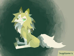 Size: 1000x764 | Tagged: safe, artist:blanket-vu, fictional species, lycanroc, mammal, midday lycanroc, feral, nintendo, pokémon, ambiguous gender, blue eyes, bone, claws, green eyes, heterochromia, holding, looking at you, mouth hold, signature, sitting, solo, solo ambiguous, tail