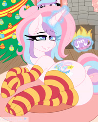 Size: 1630x2030 | Tagged: safe, artist:ladylulladystar, oc, oc only, equine, mammal, pony, feral, friendship is magic, hasbro, my little pony, 2020, butt, christmas, christmas tree, clothes, conifer tree, cup, female, fire, fireplace, glowing, glowing horn, holiday, horn, legwear, magic, mare, socks, solo, solo female, striped clothes, striped legwear, tail, telekinesis, thigh highs, tree