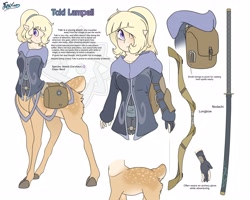 Size: 4096x3277 | Tagged: safe, artist:fluffyxai, oc, oc only, oc:toki lampell, cervid, deer, fictional species, mammal, humanoid, taur, bard, blushing, bow (weapon), character sheet, female, hair, hair over one eye, reference sheet, simple background, solo, solo female, sword, weapon, white background