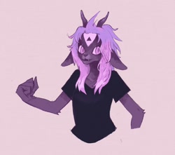 Size: 1280x1131 | Tagged: safe, artist:blanket-vu, oc, oc only, oc:blanket (blanket-vu), ambiguous species, mammal, anthro, bust, clothes, fangs, female, fursona, head marking, horns, open mouth, pink background, purple eyes, sharp teeth, shirt, simple background, slit pupils, smiling, solo, solo female, teeth, topwear