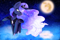 Size: 1024x683 | Tagged: safe, artist:snowdeer97, princess luna (mlp), alicorn, equine, fictional species, mammal, pony, feral, friendship is magic, hasbro, my little pony, 2020, crown, dream, ethereal mane, feathered wings, feathers, female, hoof shoes, horn, jewelry, mare, moon, night, peytral, regalia, smiling, solo, solo female, stars, tail, wings
