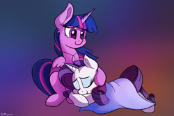 Size: 2400x1600 | Tagged: safe, artist:sadtrooper, artist:thefloatingtree, collaboration, rarity (mlp), twilight sparkle (mlp), alicorn, equine, fictional species, mammal, pony, unicorn, feral, friendship is magic, hasbro, my little pony, 2020, blanket, duo, duo female, eyes closed, feathered wings, feathers, female, female/female, females only, feral/feral, folded wings, gradient background, horn, jewelry, lying down, mare, necklace, rarilight (mlp), shipping, sleeping, smiling, tail, wings