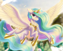 Size: 1480x1200 | Tagged: safe, artist:evedizzy26, princess celestia (mlp), alicorn, equine, fictional species, mammal, pony, feral, friendship is magic, hasbro, my little pony, 2020, crown, feathered wings, feathers, female, flying, hoof shoes, horn, jewelry, majestic, mare, peytral, regalia, smiling, solo, solo female, spread wings, tail, wings