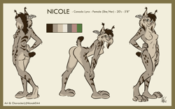 Size: 4806x3000 | Tagged: suggestive, artist:nicnak044, oc, oc only, oc:nicole (nicnak044), feline, lynx, mammal, anthro, plantigrade anthro, 2019, breasts, brown hair, butt, color palette, digital art, ear tuft, feather, featureless breasts, featureless crotch, female, fluff, front view, fur, hair, multicolored hair, nipple fluff, nudity, rear view, reference sheet, short tail, side view, signature, solo, solo female, spotted fur, tail, tan body, tan fur, tan hair, two toned hair
