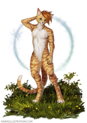 Size: 905x1280 | Tagged: safe, artist:naira, cat, feline, mammal, anthro, digitigrade anthro, 2020, abstract background, belly button, claws, digital art, fluff, fur, grass, green eyes, hair, male, multicolored body, multicolored fur, nudity, orange body, orange fur, orange hair, paws, pink nose, solo, solo male, striped fur, tail, tail fluff, two toned body, two toned fur, white body, white fur