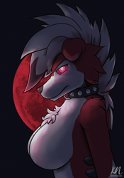 Size: 2141x3062 | Tagged: suggestive, artist:kikithenurse, fictional species, lycanroc, mammal, midnight lycanroc, anthro, cc by-nc, creative commons, nintendo, pokémon, 2020, big breasts, black background, black hair, black nose, blood moon, breasts, chest fluff, cleavage fluff, collar, colored sclera, ears, featureless breasts, female, fluff, full moon, fur, glowing, glowing eyes, hair, high res, looking at you, moon, multicolored fur, multicolored hair, pink eyes, pink sclera, red body, red fur, short hair, side view, simple background, solo, solo female, spiked collar, two toned body, two toned fur, two toned hair, white body, white fur