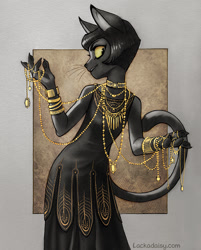 Size: 730x908 | Tagged: safe, artist:tracy butler, cat, feline, mammal, anthro, lackadaisy, 2020, abstract background, black body, black clothing, black dress, black eyes, black fur, black hair, black nose, border, breasts, claws, clothes, colored sclera, digital art, dress, female, front view, fur, gold, gold (metal), gold jewelry, gray border, hair, jewelry, looking at you, paw pads, paws, solo, solo female, tail, whiskers, yellow sclera