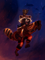 Size: 839x1111 | Tagged: safe, artist:bleakley, groot (marvel), rocket raccoon (marvel), alien, animate plant, fictional species, flora colossus, mammal, procyonid, raccoon, anthro, guardians of the galaxy, marvel, marvel cinematic universe, clothes, duo, duo male, feet, gun, holding object, jumpsuit, male, males only, open mouth, paw pads, paws, riding, sharp teeth, striped tail, stripes, tail, teeth, underfoot, weapon