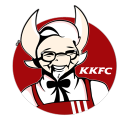 Size: 677x676 | Tagged: safe, artist:suchalmy, fictional species, kobold, reptile, anthro, kfc, apron, black outline, bow, bow tie, clothes, double outline, flat colors, glasses, grin, male, meme, parody, red background, signature, simple background, solo, solo male, tan body, transparent background, white outline