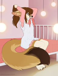 Size: 974x1280 | Tagged: safe, artist:kyotoleopard, oc, oc only, oc:s.e.s.s.i (sessykaru), canine, fennec fox, fox, mammal, anthro, digitigrade anthro, 2020, bed, big ears, big tail, brown body, brown fur, claws, clothes, comic sans, cream body, cream fur, digital art, dress, ear fluff, ears, female, fluff, fur, gray eyes, hair, hand on hair, holding, indoors, long hair, mouth hold, on bed, paw pads, paws, sitting, solo, solo female, tail, tan body, tan fur, vixen