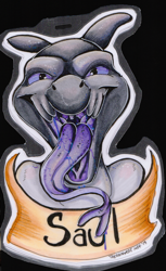 Size: 1472x2398 | Tagged: suggestive, artist:theredghost, oc, oc only, oc:saul ashle, fictional species, lizard, reptile, salazzle, semi-anthro, nintendo, pokémon, badge, bust, gray scales, male, mawshot, open mouth, pheremones, pink eyes, portrait, saliva, scales, slit pupils, solo, solo male