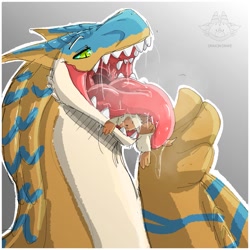 Size: 1279x1280 | Tagged: suggestive, artist:draxondrake, cat, dragon, feline, felyne, fictional species, mammal, monster, reptile, scaled dragon, tigrex, wyvern, feral, monster hunter, ambiguous gender, blue scales, bust, flying wyvern, fur, macro, mawplay, mawshot, open mouth, oral vore, saliva, scales, size difference, tan body, tan fur, vore, yellow scales