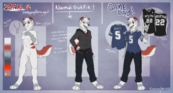 Size: 1280x691 | Tagged: safe, artist:citrinelle, oc, oc only, oc:zan (citrinelle), arctic wolf, canine, dog, hybrid, mammal, samoyed, wolf, anthro, digitigrade anthro, 2012, abstract background, barefoot, bottomwear, character name, cheek fluff, clothes, color palette, complete nudity, curled tail, female, female symbol, fluff, front view, fur, gender symbol, hair, happy, hoodie, nudity, open mouth, pants, paws, pendant, red body, red eyes, red fur, reference sheet, shirt, smiling, solo, solo female, standing, tail, tail fluff, topwear, white hair