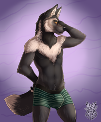 Size: 1067x1280 | Tagged: suggestive, artist:vallhund, oc, oc:contron, canine, mammal, wolf, anthro, 2015, abstract background, amber eyes, belly button, boxer briefs, bulge, chest fluff, clothes, fluff, fur, head fluff, looking at you, male, neck fluff, pubic fluff, signature, simple background, solo, solo male, tail, tail fluff, twink, underwear