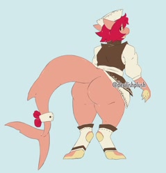Size: 1230x1286 | Tagged: suggestive, artist:devilishplush, oc, oc only, fish, shark, anthro, digitigrade anthro, 2020, ambiguous gender, blue background, butt, clothes, commission, digital art, female, hair, hat, legwear, looking at you, looking back, looking back at you, open mouth, pink body, pink hair, red eyes, shirt, simple background, solo, solo ambiguous, solo female, tail, topwear