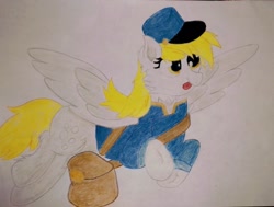 Size: 2431x1836 | Tagged: safe, artist:inchaslo_kihcnma14, derpy hooves (mlp), equine, fictional species, mammal, pegasus, pony, feral, friendship is magic, hasbro, my little pony, 2020, clothes, feathered wings, feathers, female, flying, happy, hat, high res, mailbag, mare, open mouth, solo, solo female, spread wings, tail, tongue, tongue out, traditional art, wings