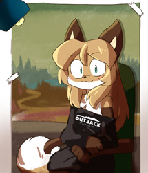 Size: 1100x1280 | Tagged: safe, artist:fiddleafox, oc, oc only, oc:averi (fiddleafox), canine, fox, mammal, semi-anthro, 2020, 2d, armchair, black clothing, blushing, brown body, brown fur, brown hair, chair, closed mouth, closed smile, clothes, countershading, cute, digital art, dipstick tail, english text, female, fur, green eyes, hair, light, long hair, looking at you, mona lisa, outback steakhouse, pointy ears, shirt, sitting, smiling, smiling at you, solo, solo female, tail, text, text on clothing, topwear, vixen, white body, white fur