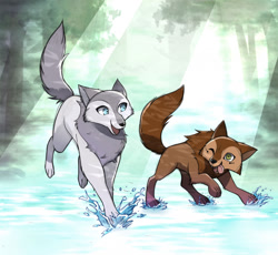 Size: 1280x1179 | Tagged: safe, artist:yukina-namagaki, mebh mactire (wolfwalkers), robyn goodfellowe (wolfwalkers), canine, mammal, wolf, feral, cartoon saloon, wolfwalkers, blue eyes, brown body, brown fur, chest fluff, cub, duo, duo female, ears, fangs, female, females only, fluff, forest, fur, gray body, gray fur, green eyes, happy, outdoors, paws, playing, running, sharp teeth, splashing, tail, tail fluff, teeth, tongue, tongue out, water, young
