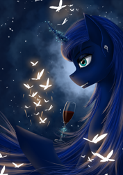 Size: 2480x3507 | Tagged: safe, artist:dezdark, princess luna (mlp), alicorn, arthropod, butterfly, equine, fictional species, insect, mammal, pony, feral, friendship is magic, hasbro, my little pony, 2020, alcohol, drink, ear piercing, fangs, female, glass, glowing, glowing horn, high res, horn, magic, mare, piercing, sharp teeth, solo, solo female, teeth, telekinesis, wine, wine glass