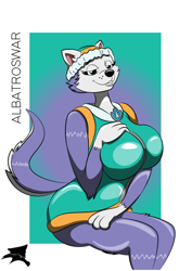 Size: 596x843 | Tagged: safe, artist:albatroswar, everest (paw patrol), canine, dog, husky, mammal, anthro, nickelodeon, paw patrol, beanie, bedroom eyes, big breasts, breasts, clothes, collar, digital art, ears, eyelashes, female, fur, looking at you, simple background, solo, solo female, suit, tail, thighs