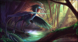 Size: 1517x834 | Tagged: safe, artist:skysealer, dinosaur, raptor, theropod, feral, ambiguous gender, black border, border, featured image, forest, leaf, scenery, scenery porn, sharp teeth, solo, solo ambiguous, teeth, tree