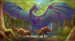 Size: 1500x824 | Tagged: safe, artist:skysealer, oc, oc:shanrrosh, dragon, fictional species, mammal, reptile, scaled dragon, suid, feral, 2012, ambiguous gender, flying, forest, group, hunting, outdoors, prey, reptile feet, size difference, spread wings, tail, trio, webbed wings, wings