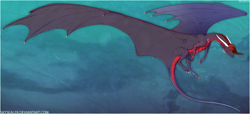 Size: 1499x681 | Tagged: safe, artist:skysealer, dragon, fictional species, reptile, scaled dragon, western dragon, feral, ambiguous gender, big wings, black body, claws, hair, horns, red body, red hair, reptile feet, side view, solo, solo ambiguous, spread wings, webbed wings, wings