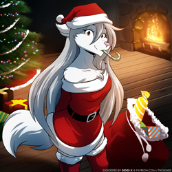 Size: 1280x1280 | Tagged: safe, artist:twokinds, raine (twokinds), fictional species, keidran, mammal, anthro, twokinds, belt, breasts, candy cane, christmas, christmas tree, clothes, conifer tree, costume, female, fireplace, fur, gift, gray hair, hair, hat, holiday, pink nose, santa costume, santa hat, solo, solo female, tail, tree, white body, white fur, white tail