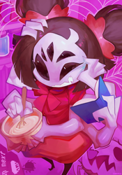 Size: 1280x1826 | Tagged: safe, artist:burnbuckie, muffet (undertale), arachnid, arthropod, fictional species, monster, spider, anthro, undertale, batter, book, clothes, cobweb, dress, female, food, hand on head, high angle, holding object, jar, mixing bowl, multiple arms, multiple eyes, open mouth, shelf, sign, text, whisk