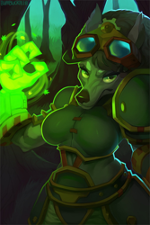 Size: 1280x1920 | Tagged: safe, artist:burnbuckie, oc, oc only, oc:friendshipismagic (burnbuckie), canine, fictional species, mammal, werewolf, worgen, anthro, blizzard entertainment, world of warcraft, breasts, clothes, female, gauntlets, glowing, glowing hand, goggles, goggles on head, grass, leaf, looking at you, outdoors, signature, solo, solo female, tree
