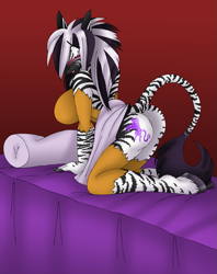Size: 635x800 | Tagged: suggestive, artist:aakashi, equine, mammal, zebra, anthro, unguligrade anthro, bed, big breasts, blushing, breasts, butt, cutie mark, embarrassed, female, hooves, pillow, solo, solo female