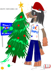 Size: 1024x1366 | Tagged: safe, artist:horsesplease, fictional species, mammal, mudsdale, unown, anthro, budweiser, nintendo, pokémon, alcohol, blushing, christmas, christmas tree, clothes, conifer tree, doodle, drink, drunk, florida, florida man, hat, holiday, male, murica, santa hat, solo, solo male, tree, united states of america
