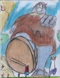 Size: 989x1280 | Tagged: safe, artist:hippobrains, bear, human, mammal, anthro, disney, the gummi bears, ambiguous gender, clothes, faceless character, group, looming over, low angle, macro, male, male focus, outdoors, paws, shoes, soles, solo focus, traditional art, tummi (gummi bears)