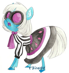 Size: 1288x1375 | Tagged: safe, artist:raiwee, photo finish (mlp), earth pony, equine, fictional species, mammal, pony, feral, friendship is magic, hasbro, my little pony, 2016, clothes, ear fluff, female, fluff, goggles, mare, open mouth, scarf, signature, simple background, solo, solo female, tail, traditional art, white background